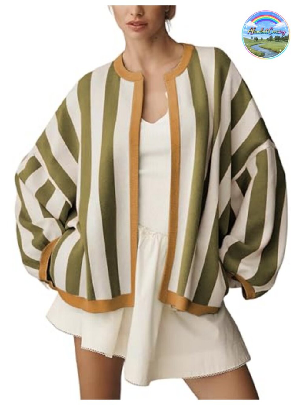Women's Oversized Striped Knit Cardigan, Long Balloon Sleeves